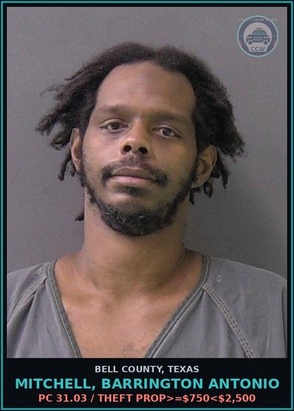 CCW arrest card for MITCHELL, BARRINGTON ANTONIO in Bell County: PC 31.03 / THEFT PROP>=$750<$2,500