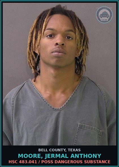 CCW arrest card for MOORE, JERMAL ANTHONY in Bell County: HSC 483.041 / POSS DANGEROUS DRUG