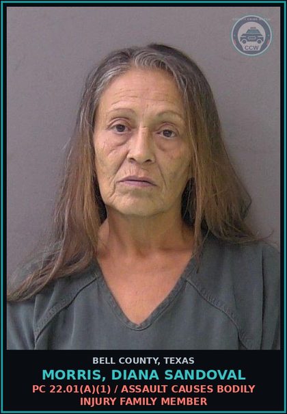 CCW arrest card for MORRIS, DIANA SANDOVAL in Bell County: PC 22.01(a)(1) / ASSAULT CAUSES BODILY INJURY FAMILY MEMBER