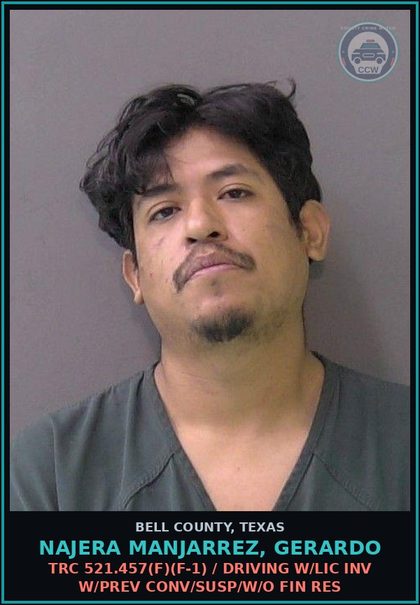 CCW arrest card for NAJERA MANJARREZ, GERARDO in Bell County: / IMMIGRATION VIOLATION