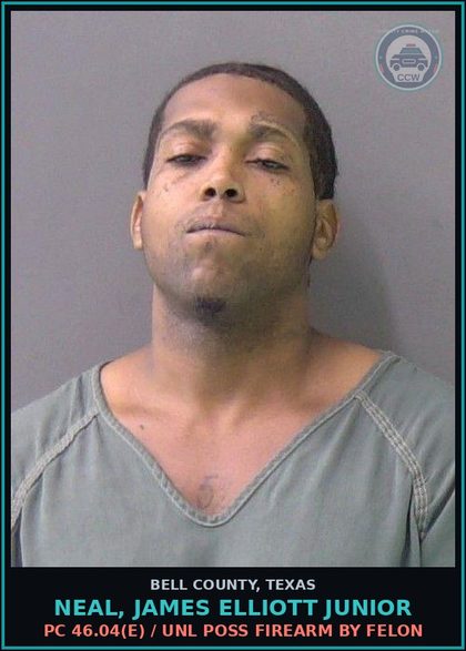 CCW arrest card for NEAL, JAMES ELLIOTT JUNIOR in Bell County: HSC 481.120(b)(1) / DEL MARIJ <= 1/4 OZ