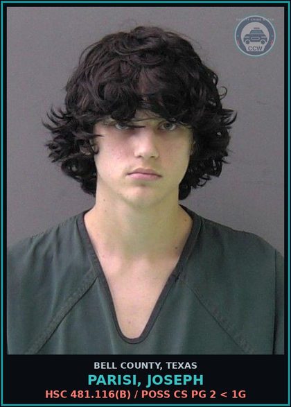 CCW arrest card for PARISI, JOSEPH in Bell County: HSC 481.116(b) / POSS CS PG 2 < 1G