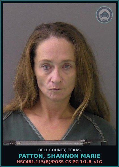 CCW arrest card for PATTON, SHANNON MARIE in Bell County: HSC481.115(b)/POSS CS PG 1/1-B <1G