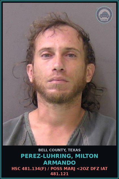 CCW arrest card for PEREZ-LUHRING, MILTON ARMANDO in Bell County: HSC 481.134(f) / POSS MARJ <2OZ DFZ IAT 481.121