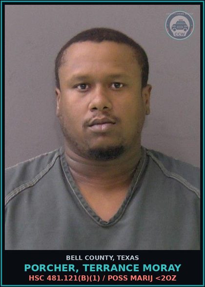 CCW arrest card for PORCHER, TERRANCE MORAY in Bell County: HSC 481.121(b)(1) / POSS MARIJ <2OZ