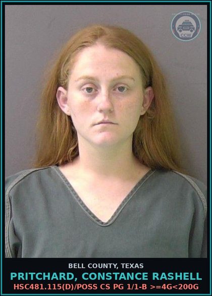 CCW arrest card for PRITCHARD, CONSTANCE RASHELL in Bell County: HSC481.115(d)/POSS CS PG 1/1-B >=4G<200G