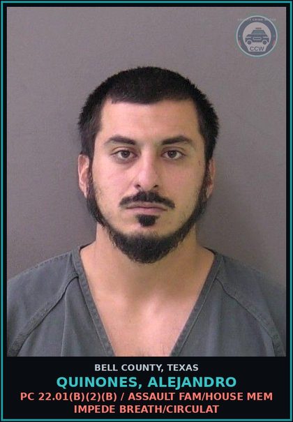 CCW arrest card for QUINONES, ALEJANDRO in Bell County: PC 22.01(b)(2)(B) / ASSAULT FAM/HOUSE MEM IMPEDE BREATH/CIRCULAT