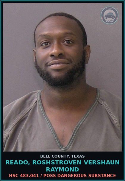 CCW arrest card for READO, ROSHSTROVEN VERSHAUN RAYMOND in Bell County: / BLUE WARRANT
