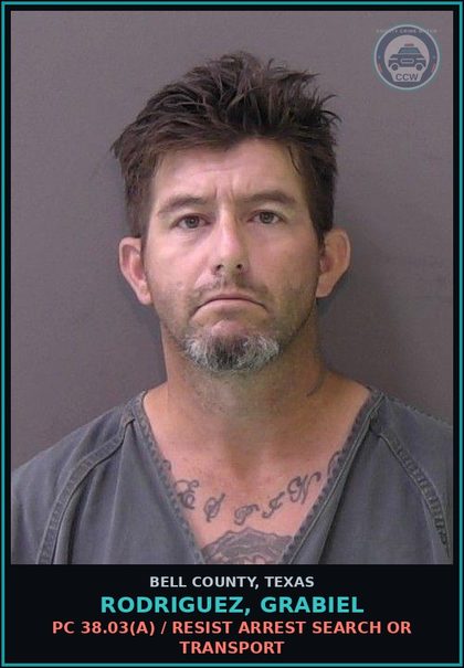 CCW arrest card for RODRIGUEZ, GRABIEL in Bell County: PC 38.03(a) / RESIST ARREST SEARCH OR TRANSPORT