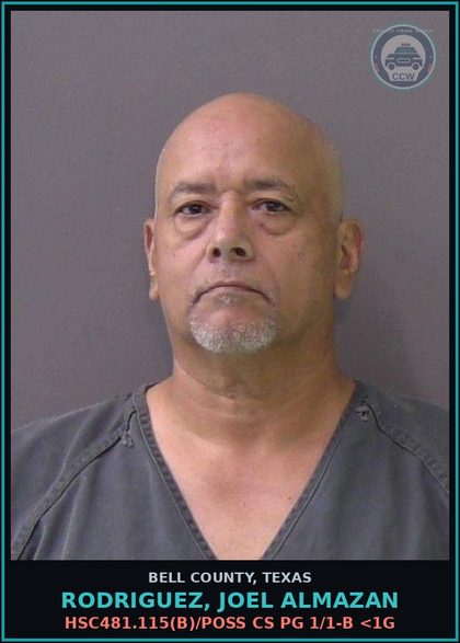 CCW arrest card for RODRIGUEZ, JOEL ALMAZAN in Bell County: HSC481.115(b)/POSS CS PG 1/1-B <1G