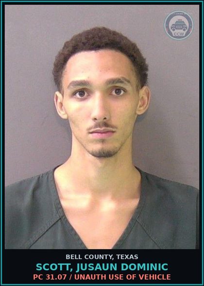CCW arrest card for SCOTT, JUSAUN DOMINIC in Bell County: PC 31.07 / UNAUTH USE OF VEHICLE