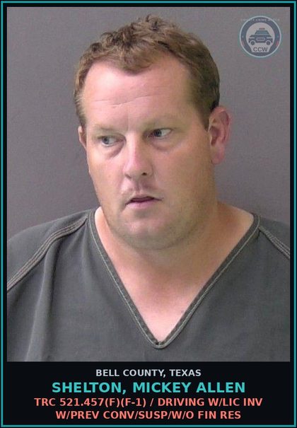 CCW arrest card for SHELTON, MICKEY ALLEN in Bell County: TRC 521.457(f)(f-1) / DRIVING W/LIC INV W/PREV CONV/SUSP/W/O FIN RES