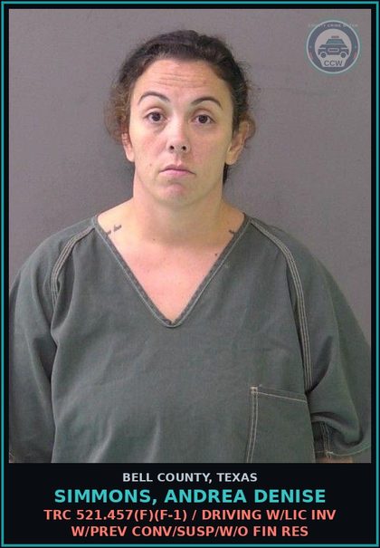 CCW arrest card for SIMMONS, ANDREA DENISE in Bell County: TRC 521.457(f)(f-1) / DRIVING W/LIC INV W/PREV CONV/SUSP/W/O FIN RES