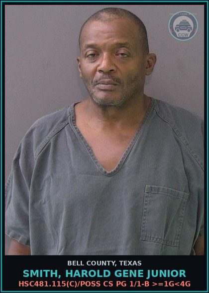 CCW arrest card for SMITH, HAROLD GENE JUNIOR in Bell County: HSC481.115(c)/POSS CS PG 1/1-B >=1G<4G