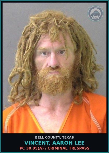 CCW arrest card for VINCENT, AARON LEE in Bell County: PC 30.05(a) / CRIMINAL TRESPASS