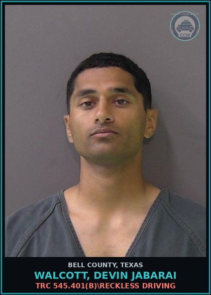 CCW arrest card for WALCOTT, DEVIN JABARAI in Bell County: TRC 545.401(b)\RECKLESS DRIVING