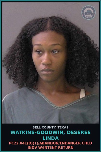CCW arrest card for WATKINS-GOODWIN, DESEREE LINDA in Bell County: PC22.041(d)(1)/ABANDON/ENDANGER chld INDV W/INTENT RETURN