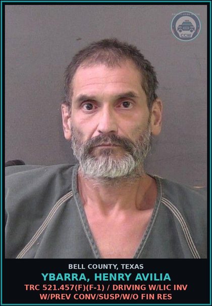 CCW arrest card for YBARRA, HENRY AVILIA in Bell County: TRC 521.457(f)(f-1) / DRIVING W/LIC INV W/PREV CONV/SUSP/W/O FIN RES