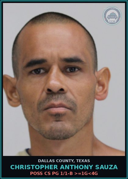 CCW arrest card for CHRISTOPHER ANTHONY SAUZA in Dallas County: POSS CS PG 1/1-B >=1G<4G