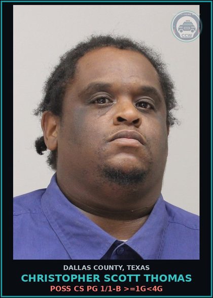 CCW arrest card for CHRISTOPHER SCOTT THOMAS in Dallas County: POSS CS PG 1/1-B >=1G<4G