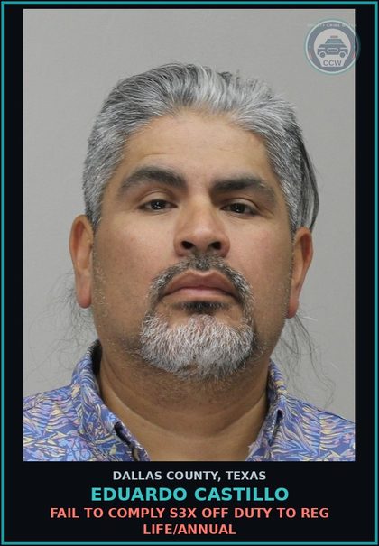 CCW arrest card for EDUARDO CASTILLO in Dallas County: FAIL TO COMPLY s3x OFF DUTY TO REG LIFE/ANNUAL