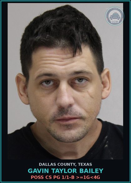 CCW arrest card for GAVIN TAYLOR BAILEY in Dallas County: POSS CS PG 1/1-B >=1G<4G