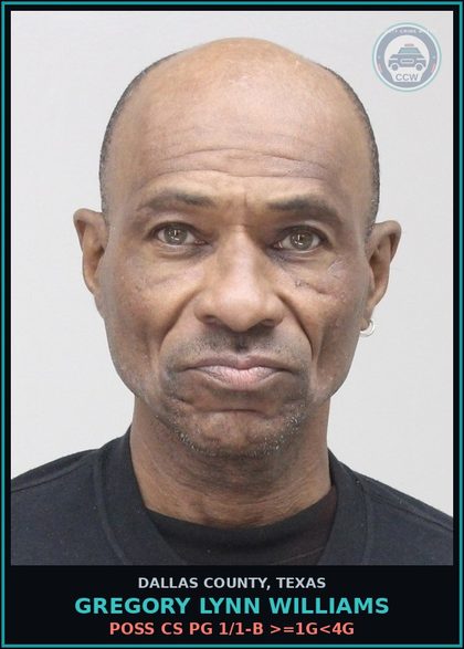 CCW arrest card for GREGORY LYNN WILLIAMS in Dallas County: POSS CS PG 1/1-B >=1G<4G