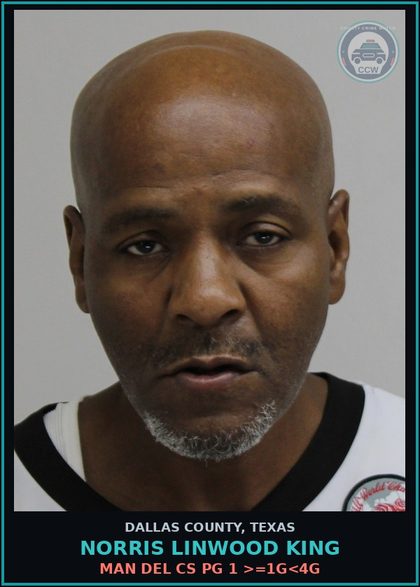 CCW arrest card for NORRIS LINWOOD KING in Dallas County: MAN DEL CS PG 1 >=1G<4G