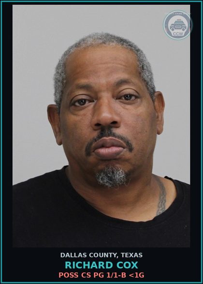 CCW arrest card for RICHARD COX in Dallas County: POSS CS PG 1/1-B <1G