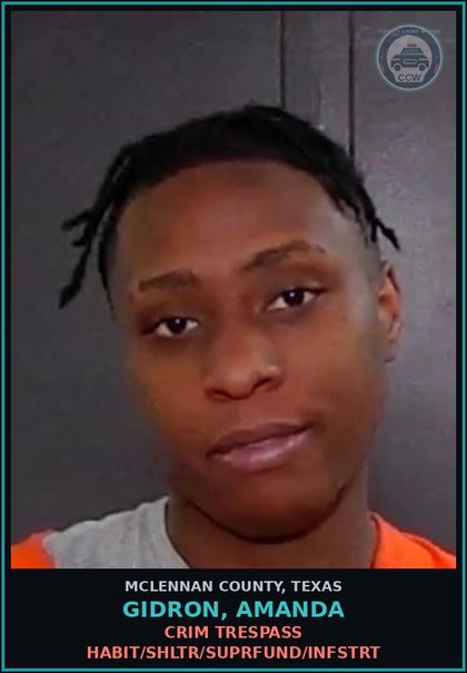 CCW arrest card for GIDRON, AMANDA in McLennan County: CRIM TRESPASS HABIT/SHLTR/SUPRFUND/INFSTRT