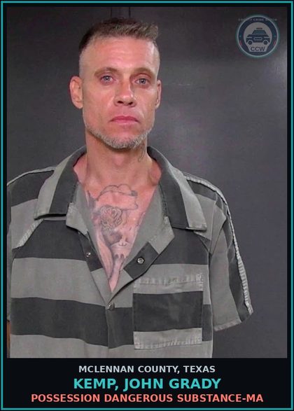 CCW arrest card for KEMP, JOHN GRADY in McLennan County: POSSESSION DANGEROUS DRUG-MA
