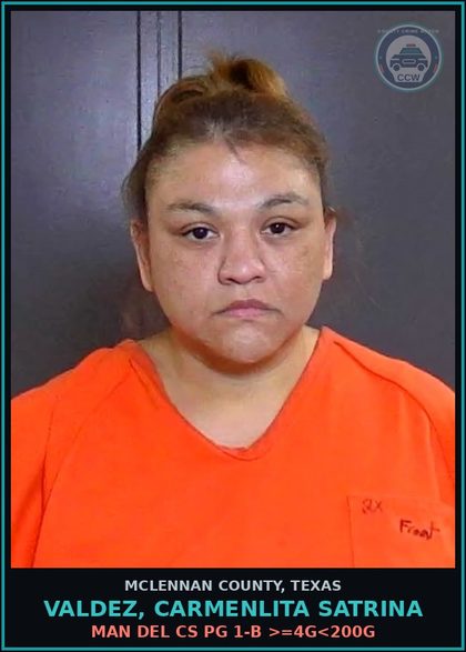 CCW arrest card for VALDEZ, CARMENLITA SATRINA in McLennan County: MAN DEL CS PG 1-B >=4G<200G