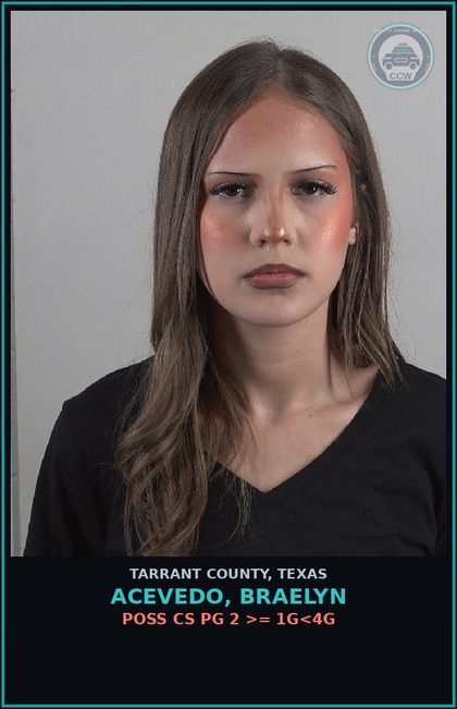 CCW arrest card for Acevedo, Braelyn in Tarrant County: POSS CS PG 2 >= 1G<4G