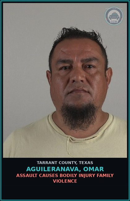 CCW arrest card for Aguileranava, Omar in Tarrant County: ASSAULT CAUSES BODILY INJURY FAMILY VIOLENCE