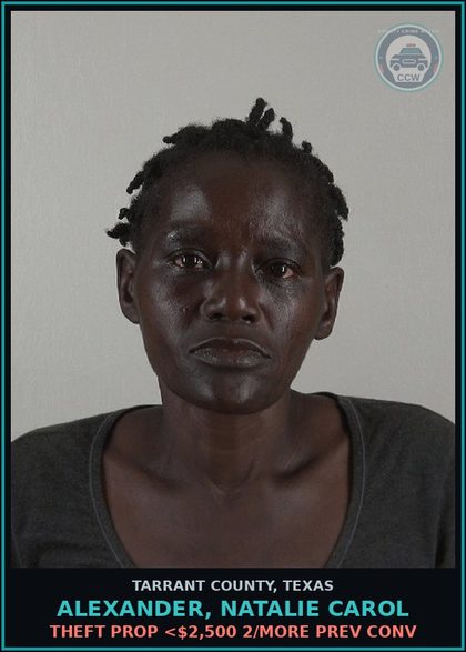CCW arrest card for Alexander, Natalie Carol in Tarrant County: THEFT PROP <$2,500 2/MORE PREV CONV