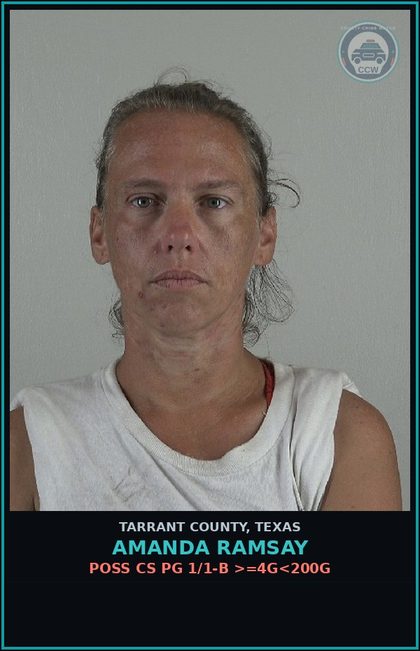 CCW arrest card for Amanda Ramsay in Tarrant County: POSS CS PG 1/1-B >=4G<200G