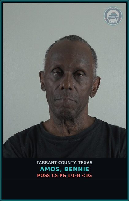 CCW arrest card for Amos, Bennie in Tarrant County: POSS CS PG 1/1-B <1G