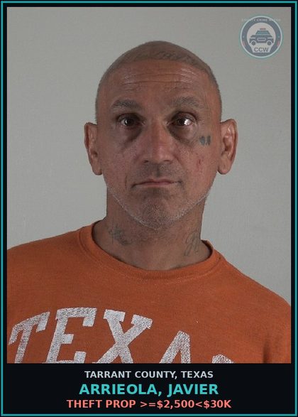 CCW arrest card for Arrieola, Javier in Tarrant County: PAROLE VIOLATION