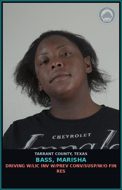 CCW arrest card for Bass, Marisha in Tarrant County: DRIVING W/LIC INV W/PREV CONV/SUSP/W/O FIN RES