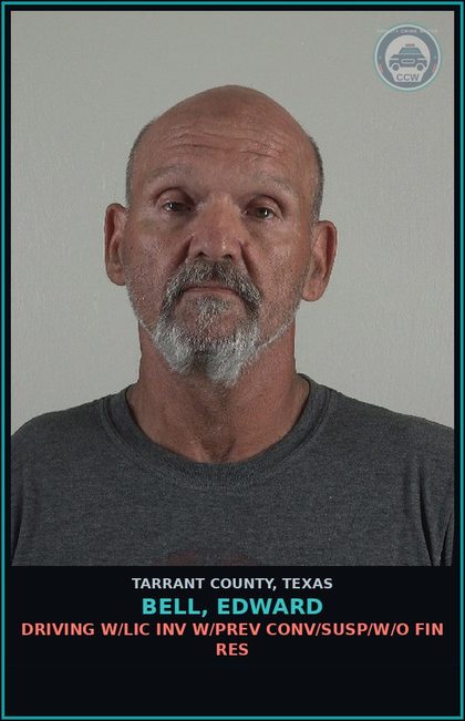 CCW arrest card for Bell, Edward in Tarrant County: DRIVING W/LIC INV W/PREV CONV/SUSP/W/O FIN RES