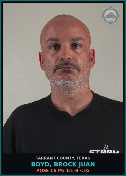 CCW arrest card for Boyd, Brock Juan in Tarrant County: POSS CS PG 1/1-B <1G