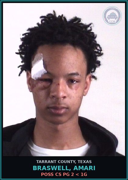 CCW arrest card for Braswell, Amari in Tarrant County: POSS CS PG 2 < 1G