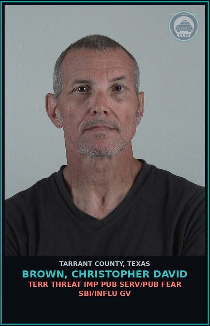 CCW arrest card for Brown, Christopher David in Tarrant County: TERR THREAT IMP PUB SERV/PUB FEAR SBI/INFLU GV