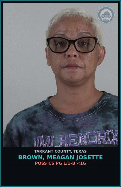 CCW arrest card for Brown, Meagan Josette in Tarrant County: POSS CS PG 1/1-B <1G