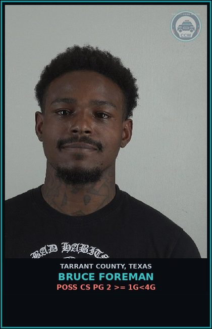 CCW arrest card for Bruce Foreman in Tarrant County: POSS CS PG 2 >= 1G<4G