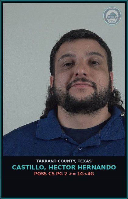CCW arrest card for Castillo, Hector Hernando in Tarrant County: POSS CS PG 2 >= 1G<4G