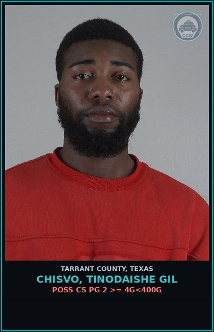 CCW arrest card for Chisvo, Tinodaishe Gil in Tarrant County: POSS CS PG 2 >= 4G<400G