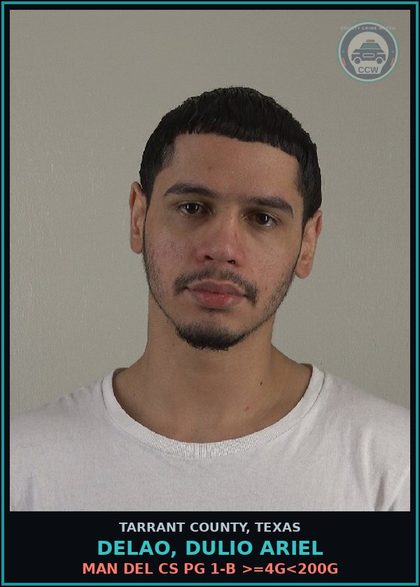 CCW arrest card for Delao, Dulio Ariel in Tarrant County: MAN DEL CS PG 1-B >=4G<200G