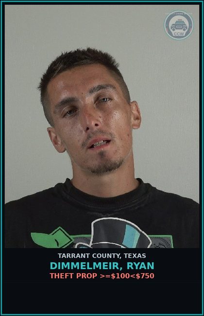 CCW arrest card for Dimmelmeir, Ryan in Tarrant County: THEFT PROP >=$100<$750