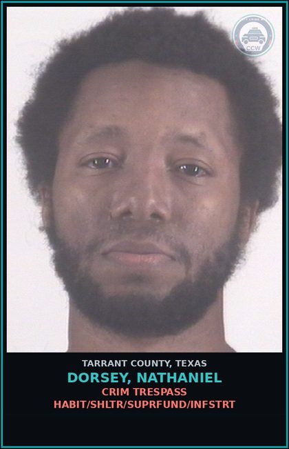 CCW arrest card for Dorsey, Nathaniel in Tarrant County: CRIM TRESPASS HABIT/SHLTR/SUPRFUND/INFSTRT